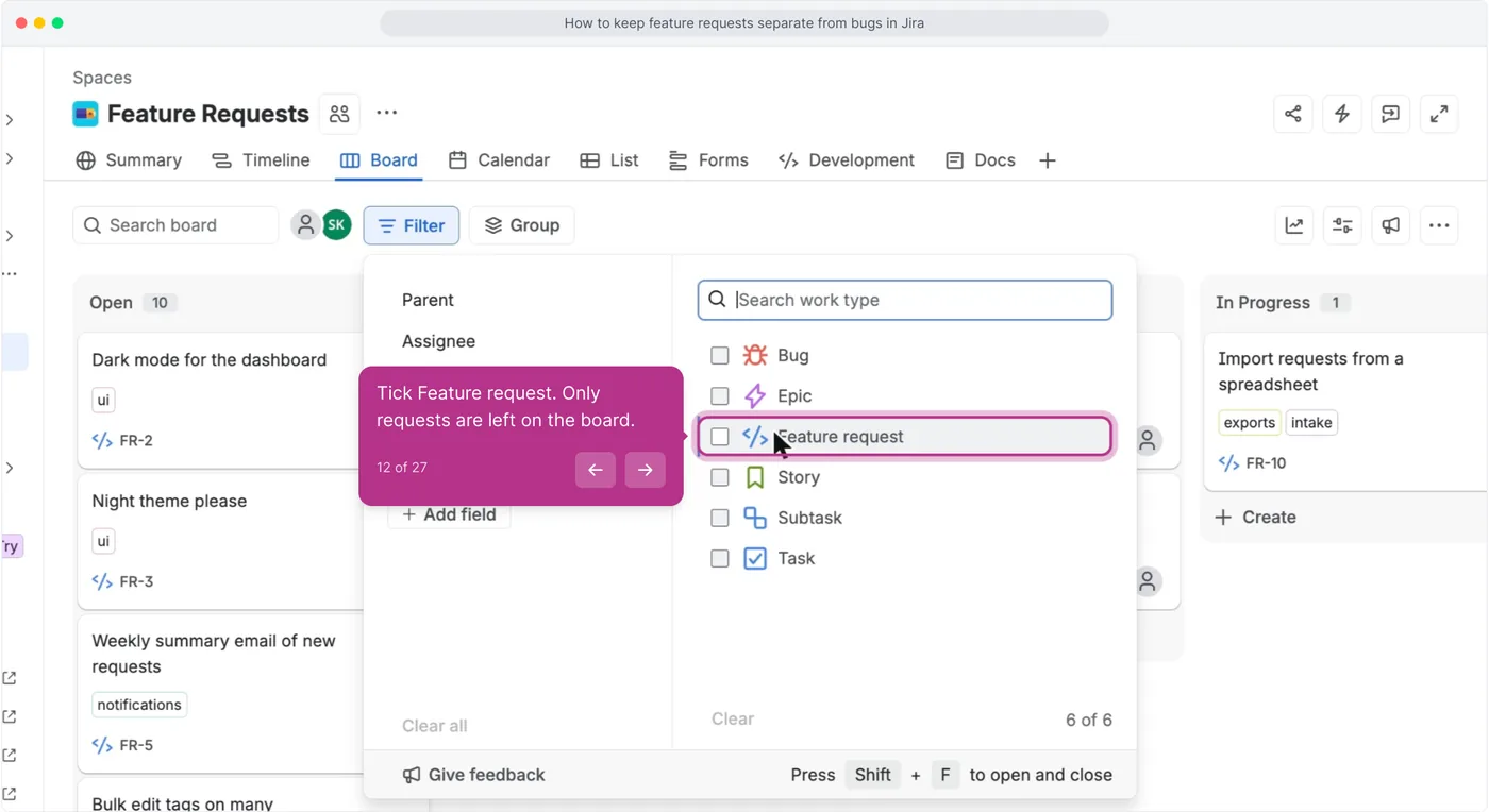The Feature Requests board in Jira with the filter panel open and Feature request ticked under Work type, leaving only request cards on the board