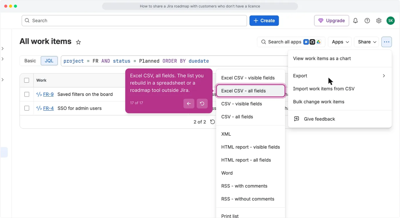 Jira work item search with the JQL project = FR AND status = Planned ORDER BY duedate with the More actions menu open on Export and Excel CSV - all fields highlighted in the submenu