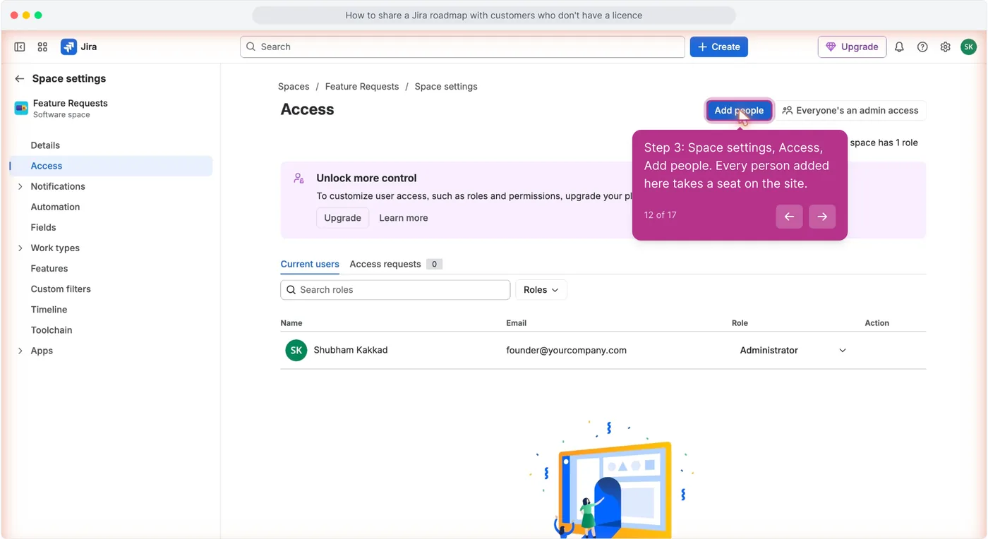 Jira Space settings Access page listing one user with the role Administrator and the Add people button above the list