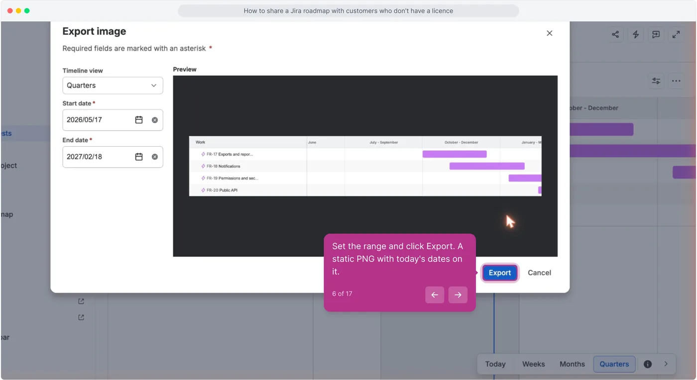 Jira Timeline export panel with Timeline view set to Quarters, Start date and End date fields filled in, and the Export button highlighted
