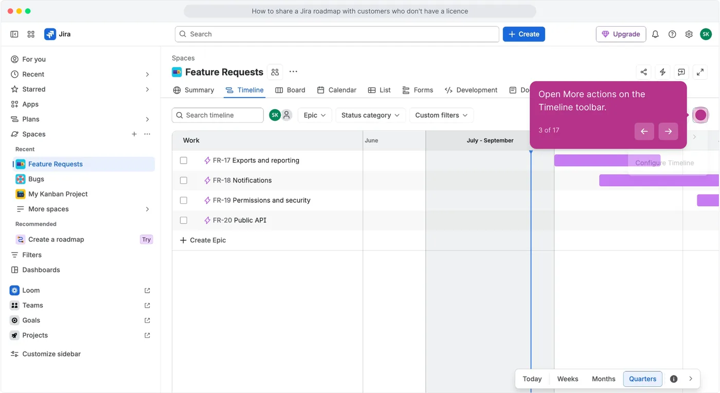 The Feature Requests space Timeline in Jira showing four epic rows, FR-17 to FR-20, across three quarter columns with Quarters selected in the toggle at the bottom right