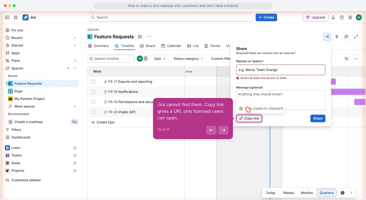 The Jira Timeline share dialog with the Names or teams field empty and the message Select at least one person or team under it, with Copy link at the bottom