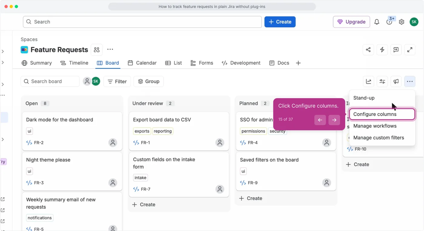 The Feature Requests board in Jira with the More actions menu open, showing Configure columns, Manage workflows and Manage custom filters