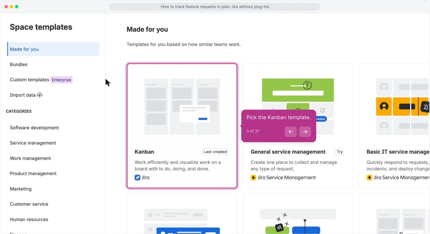 Jira Space templates gallery with the Kanban tile highlighted and a callout reading Pick the Kanban template