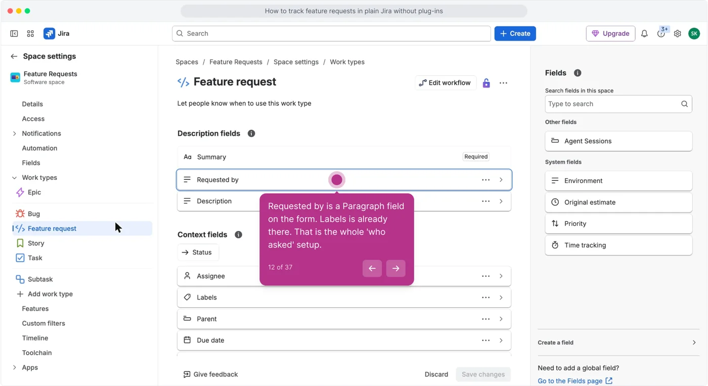 Jira Space settings showing the Feature request work type form with the Requested by field highlighted under Description fields and Labels under Context fields
