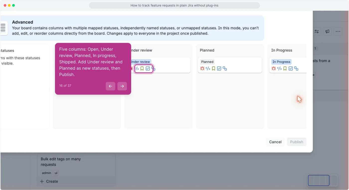 Jira Configure columns dialog in Advanced mode showing Under review, Planned and In Progress with their mapped statuses, with Cancel and a greyed-out Publish button