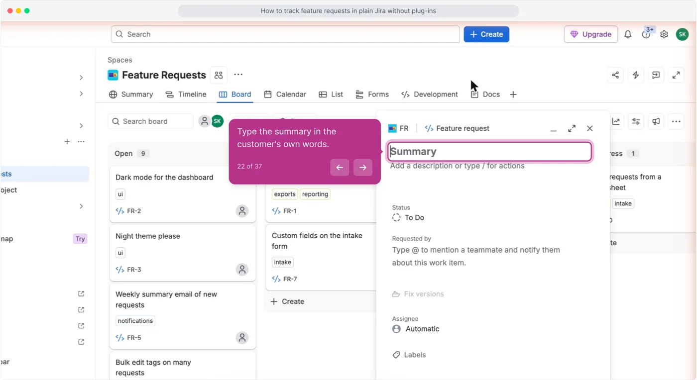 Jira Create work item form for a Feature request with the Summary field highlighted and Status, Requested by, Assignee and Labels below it